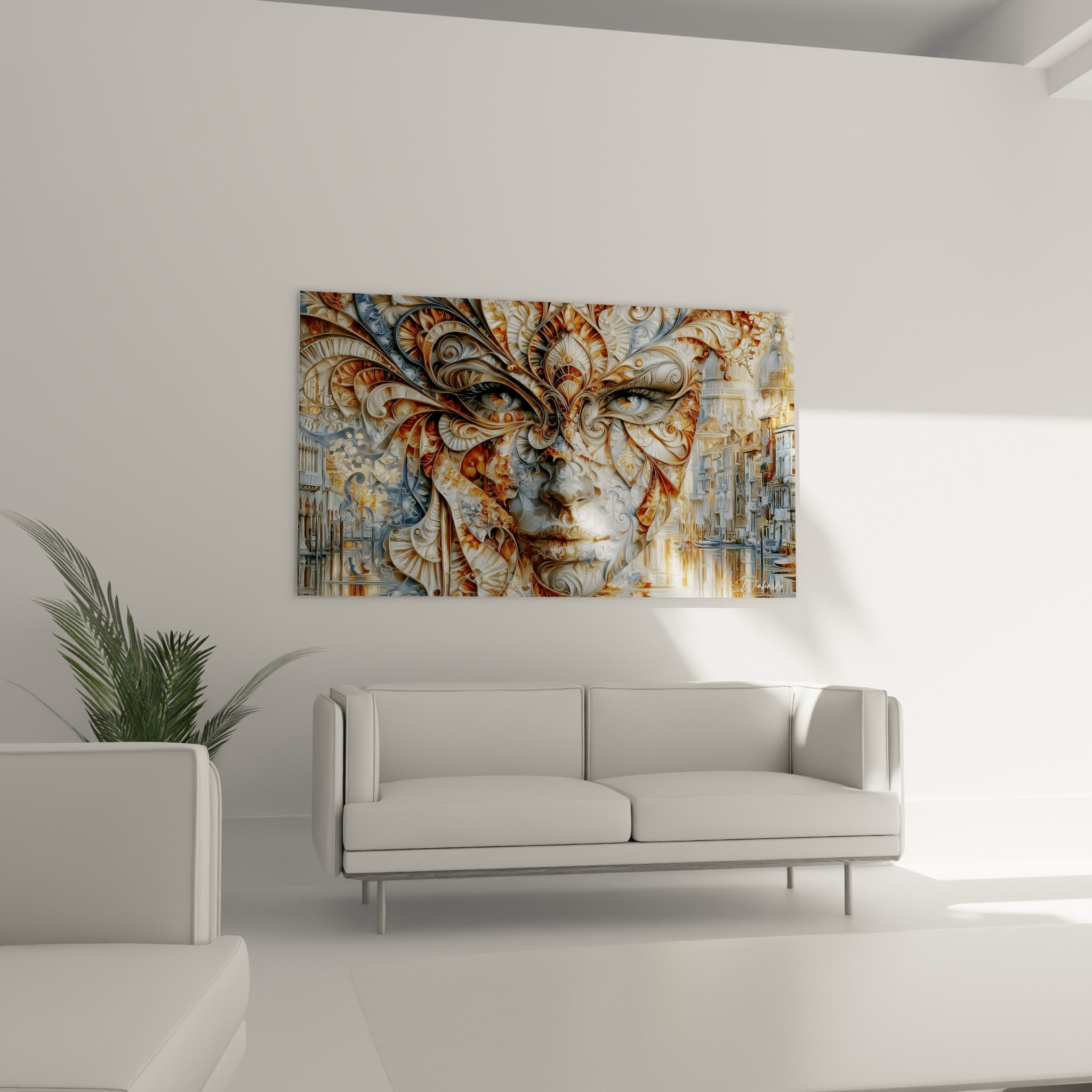 Ornements sculptés en ivoire et bleu pastel d'un masque de venise, placés au-dessus d'un canapé dans un salon lumineux