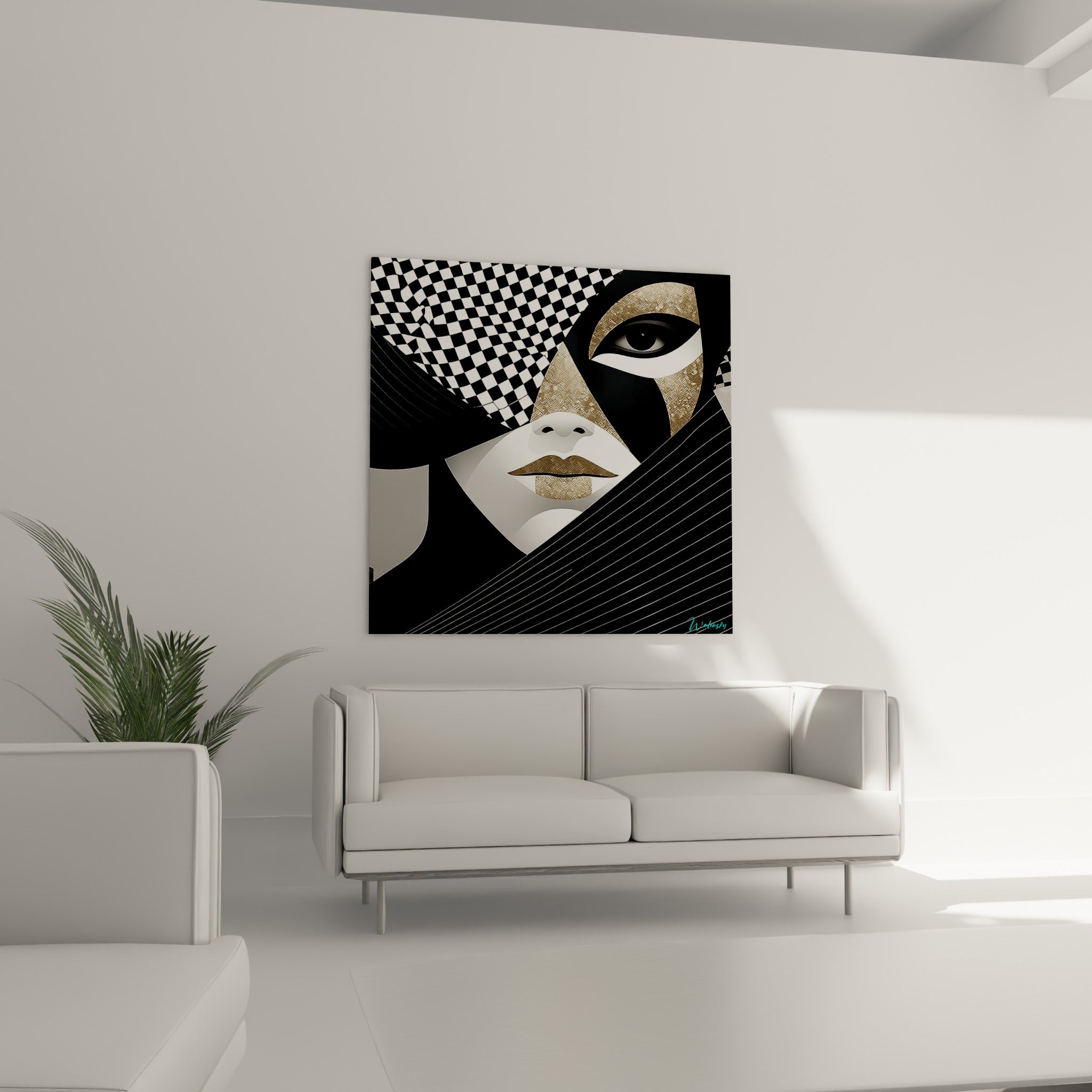 Regard intense du masque de Venise aux teintes dorées disposé au-dessus d'un canapé dans un salon lumineux