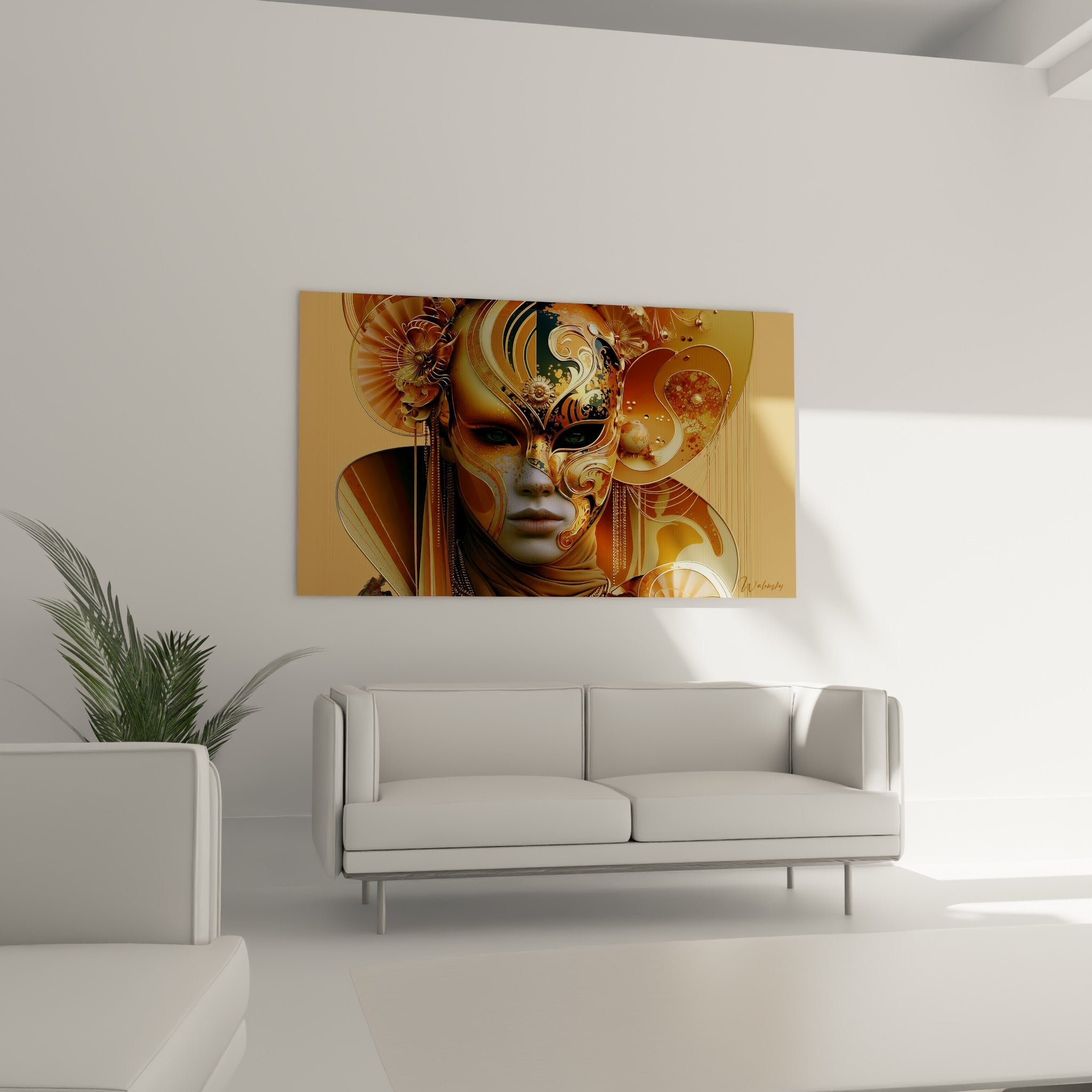 Regard vert perçant du masque de venise ocre et doré au-dessus d'un canapé dans un salon lumineux