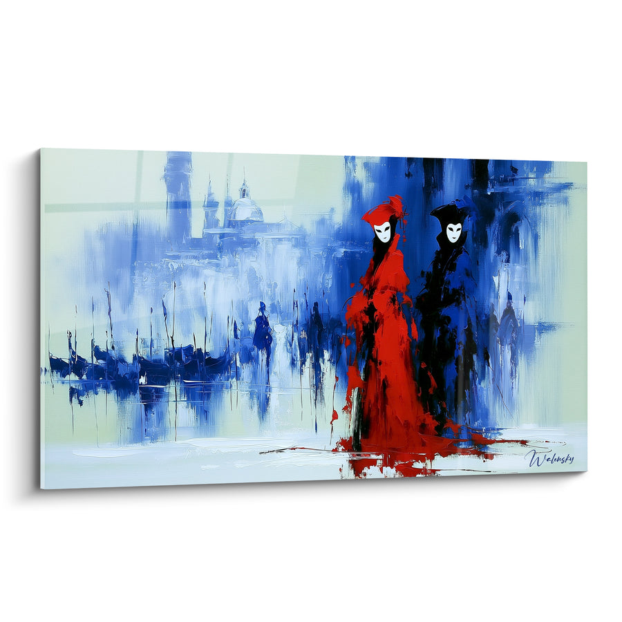 Painting Hidden Silhouettes in Red and Blue on the Quayside - Gondolas Moored in the Distance - Venice Mask Edition
