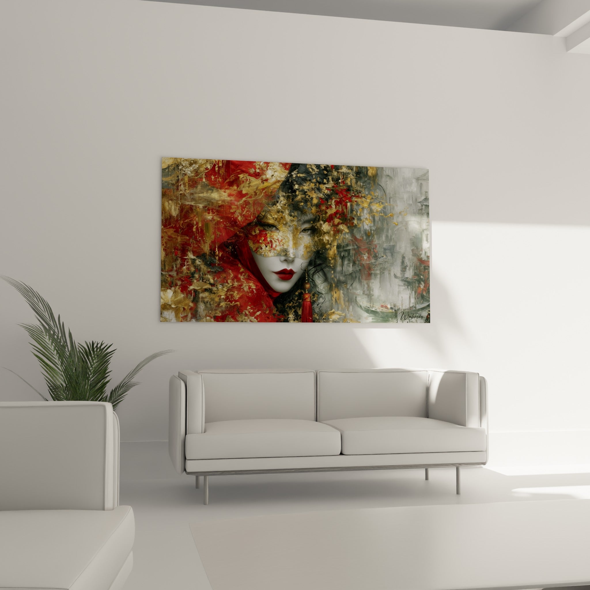 Masque de Venise rouge carmin et doré, accroché au-dessus d'un canapé dans un salon lumineux