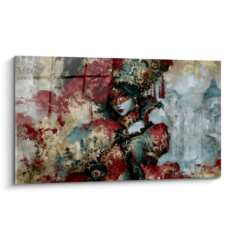Tableau Silhouette masquée rouge et bleu sarcelle - Secret du bal - Edition Masque de venise
