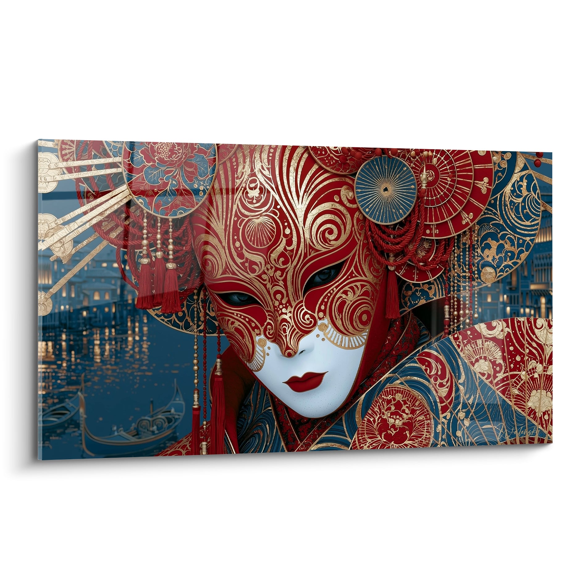 Masque de venise rouge et doré au regard perçant sur fond bleu marine nocturne