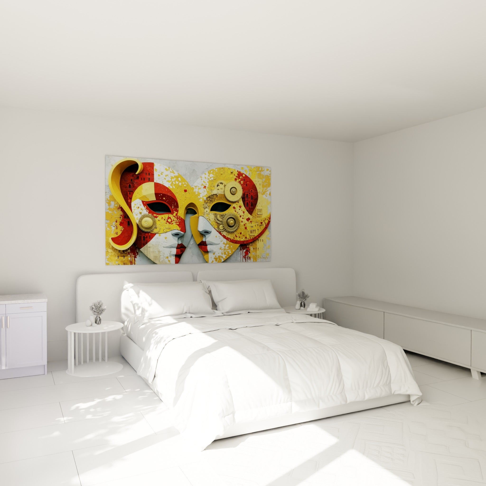 Deux masques de Venise ornés d'or et de rouge accrochés au-dessus d'un lit dans une chambre claire
