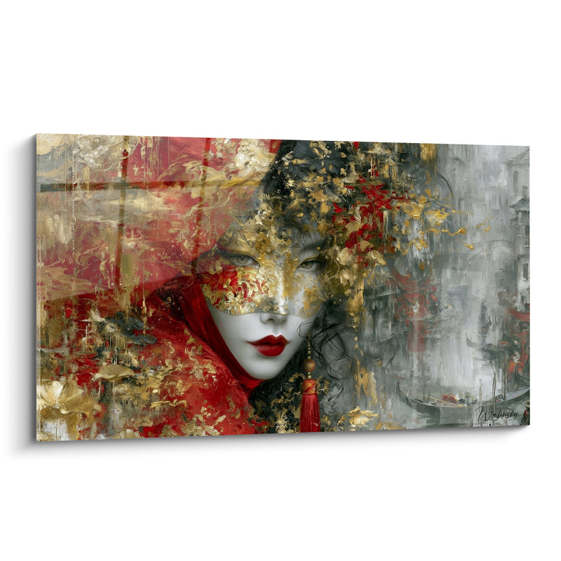 Tableau Visage rouge et doré au pompon suspendu - Gondole grise en fond - Edition Masque de venise