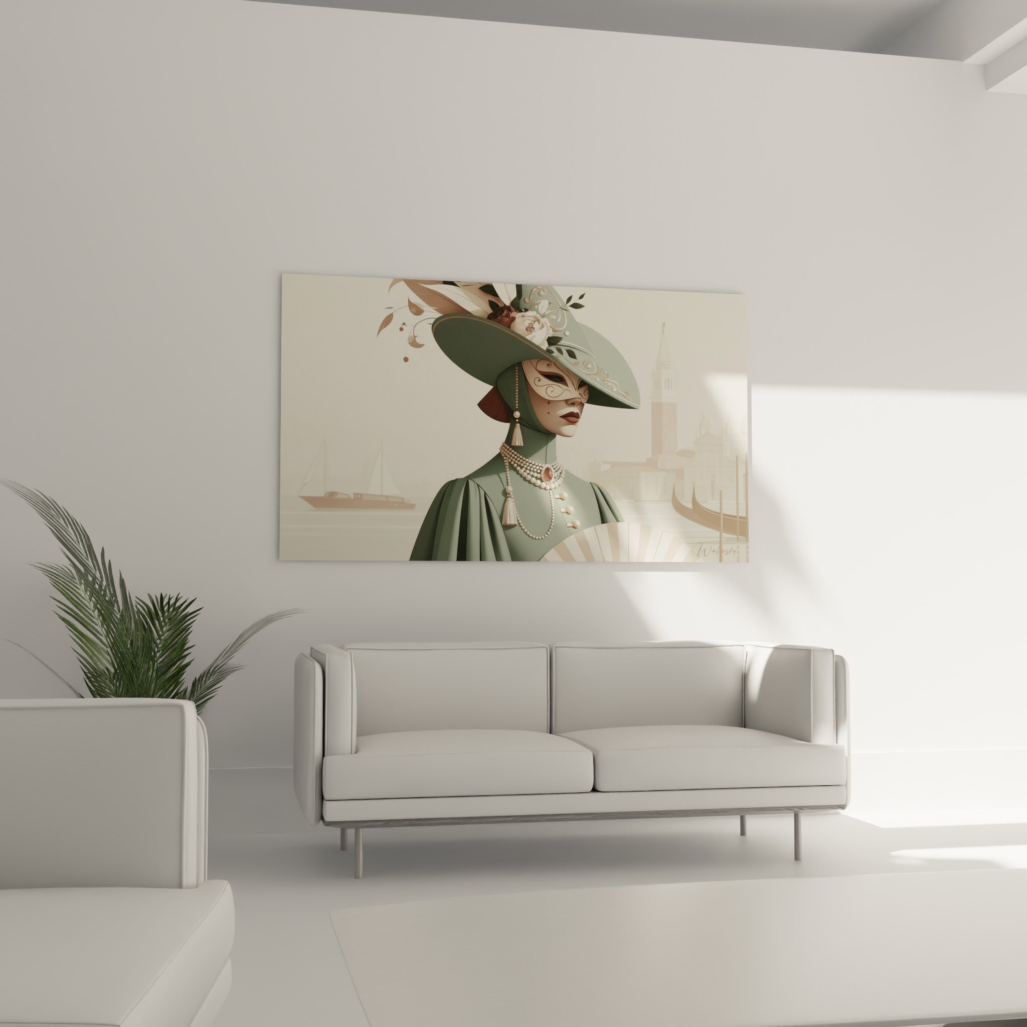 Élégante figure masquée en vert sauge et terracotta, au-dessus d'un canapé dans un salon lumineux