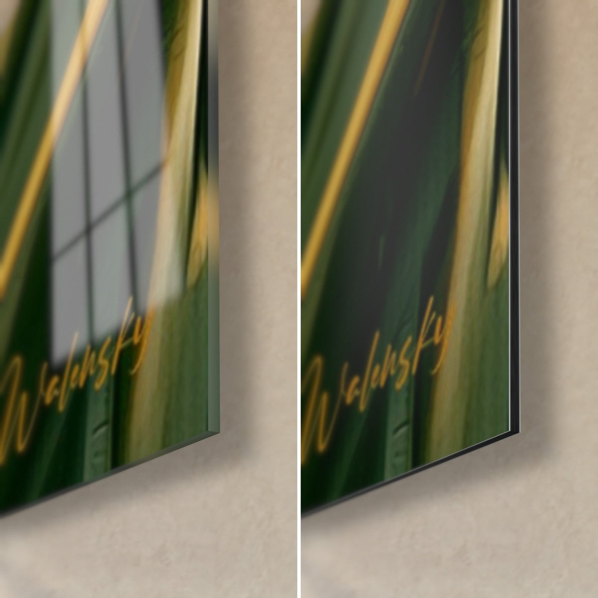 Tableau Walensky visage doré et vert olive, coin bas droit : verre acrylique brillant à gauche, alu Dibond mat à droite, tranche de 3 mm