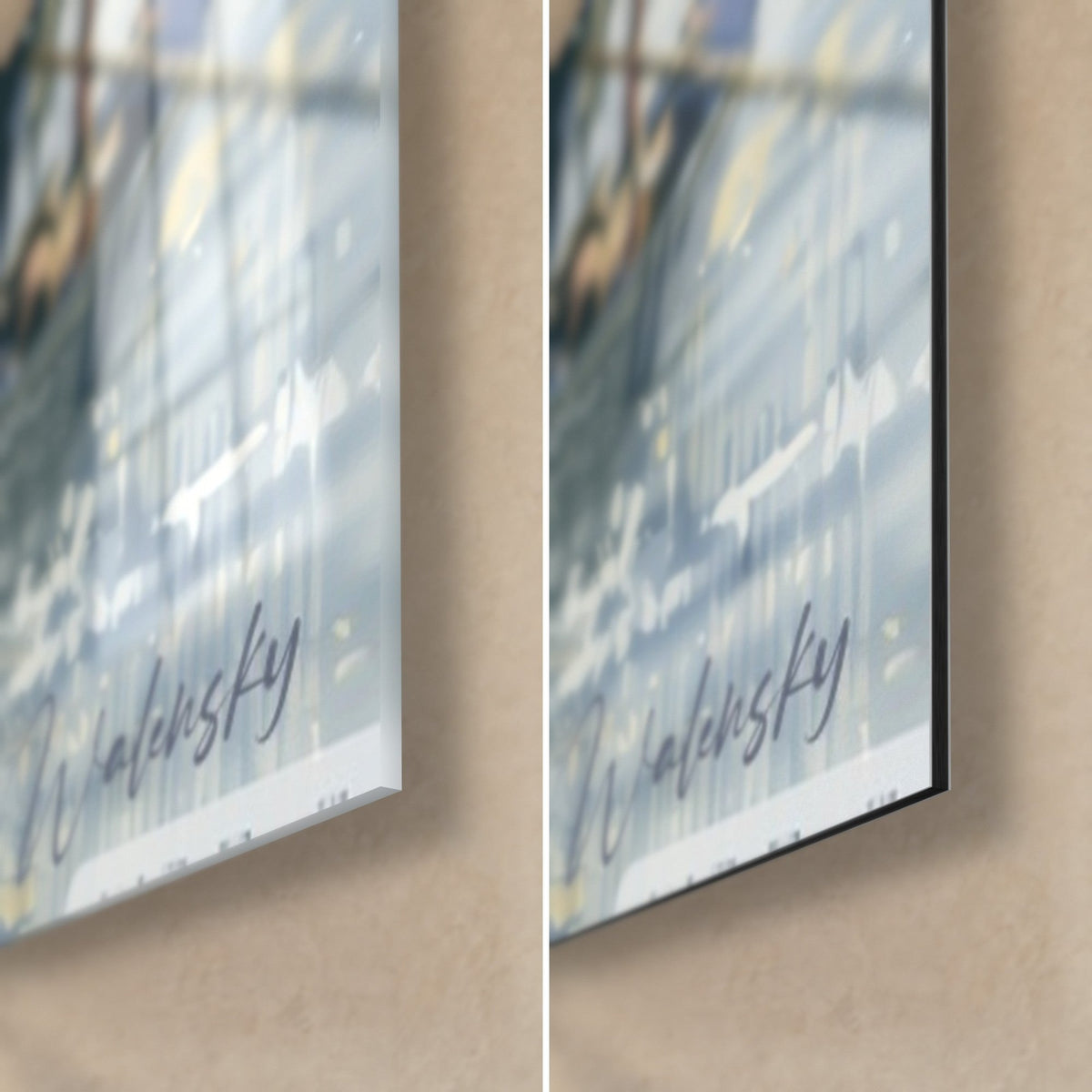 Quadro di volto mascherato in blu e oro, angolo in basso a destra: vetro acrilico lucido a sinistra, alluminio Dibond nero opaco e bordo da 3 mm