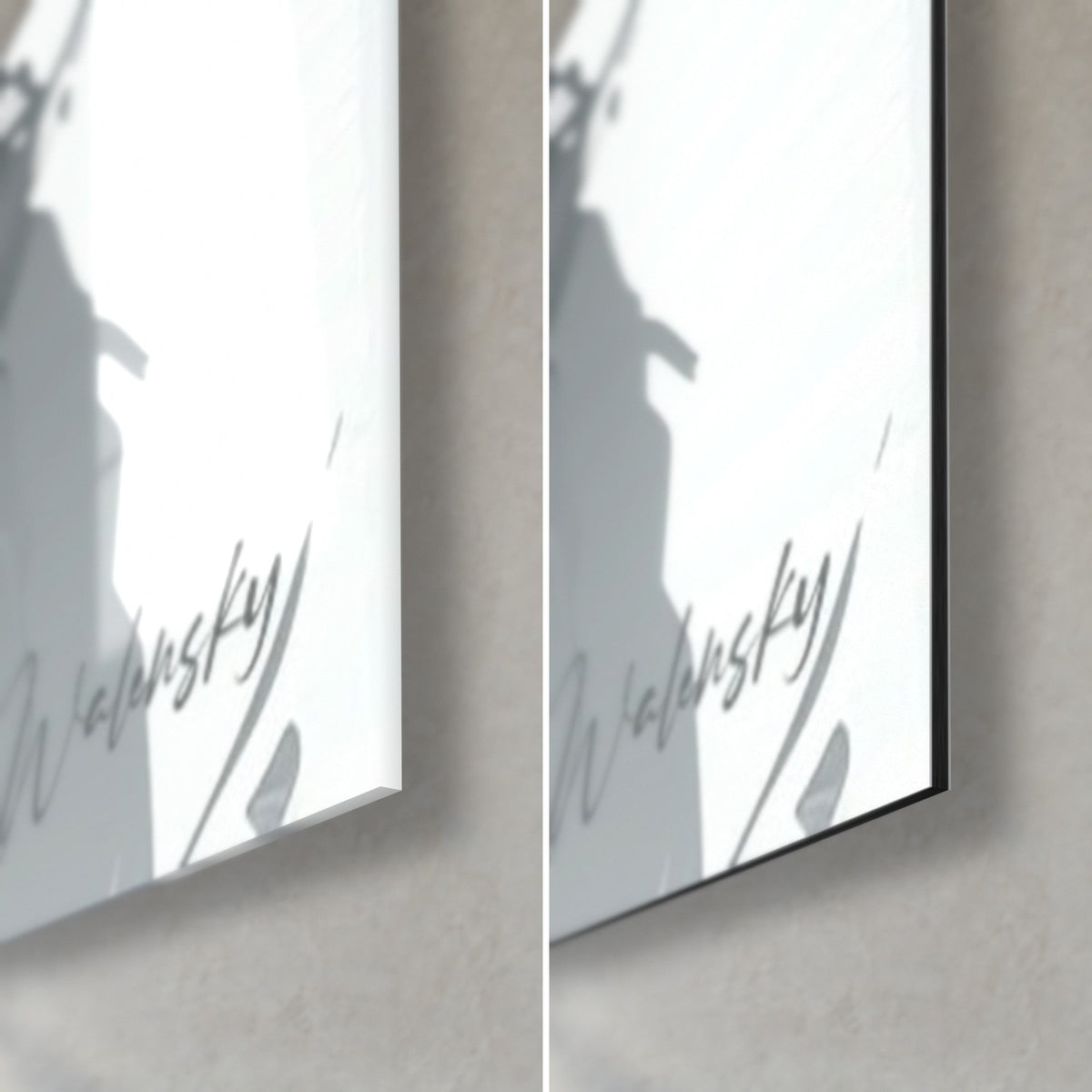 Wall art masked porcelain face, grey Walensky signature, glossy acrylic glass and matte black Dibond, 3 mm edge, bottom right corner