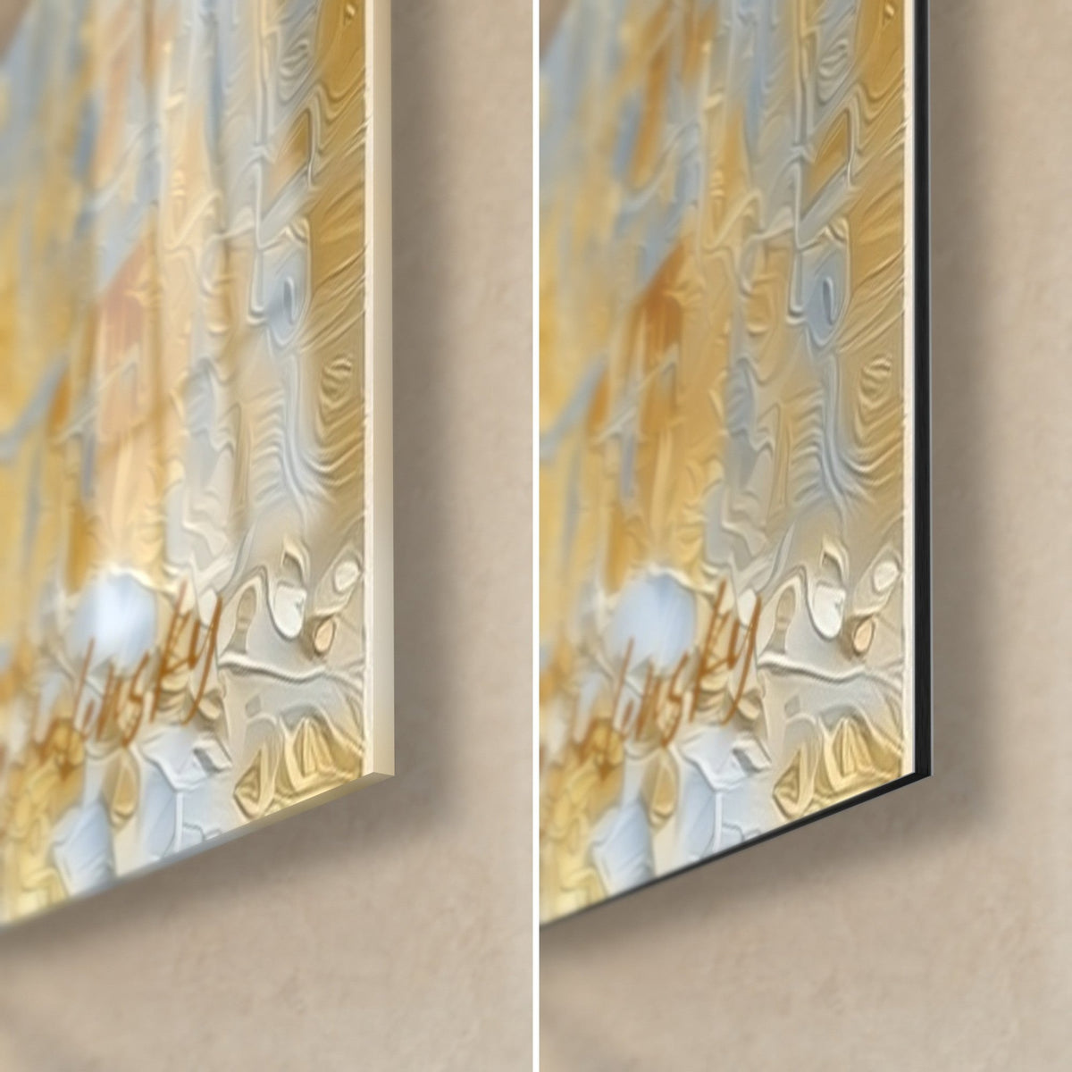 Tableau masque doré aux plumes, coin bas droit : verre acrylique brillant à gauche, Dibond noir mat à droite, tranche de 3 mm