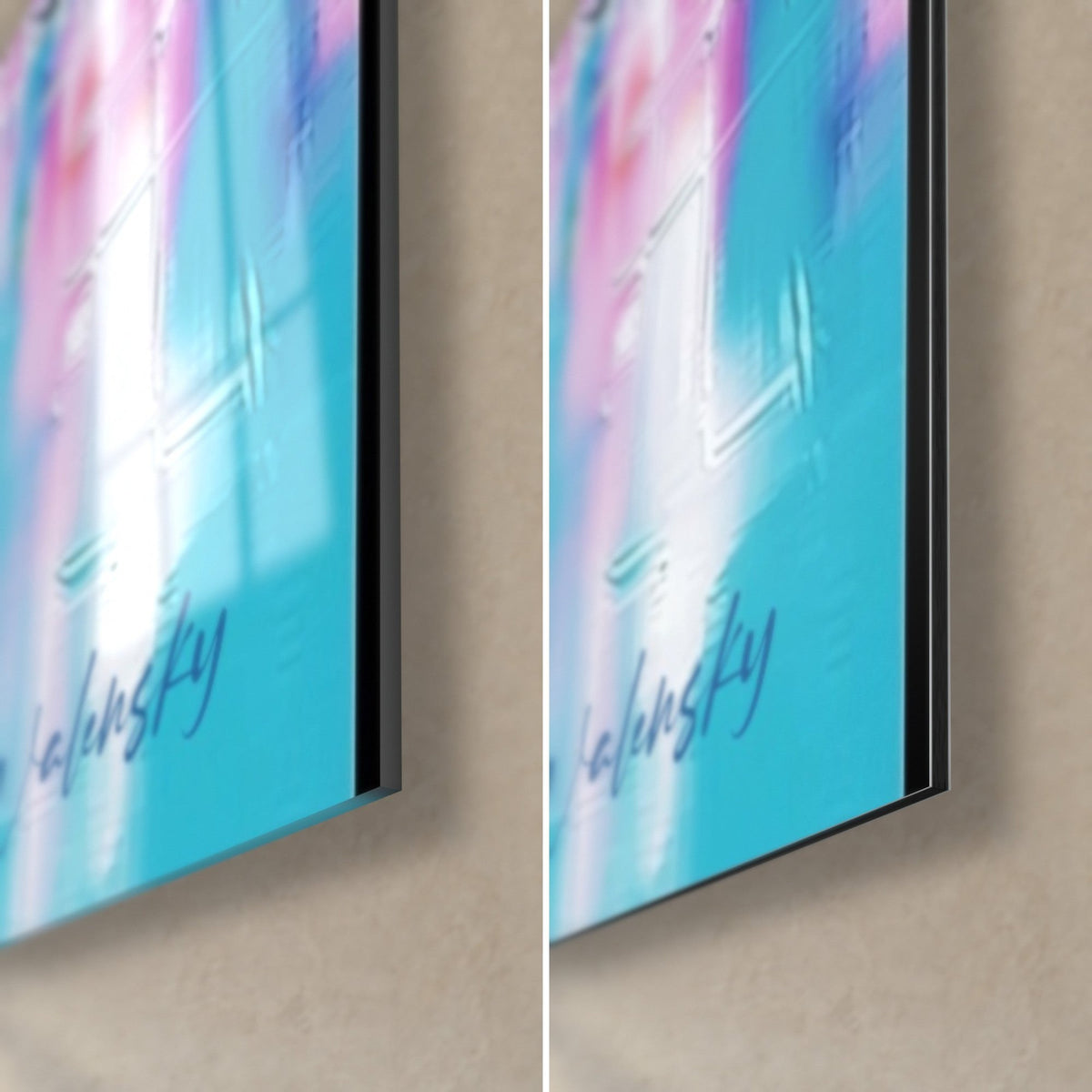 Wall art young Venetian woman, turquoise and pink lower-right corner, glossy glass on the left, matte Dibond on the right, 3 mm edge thickness