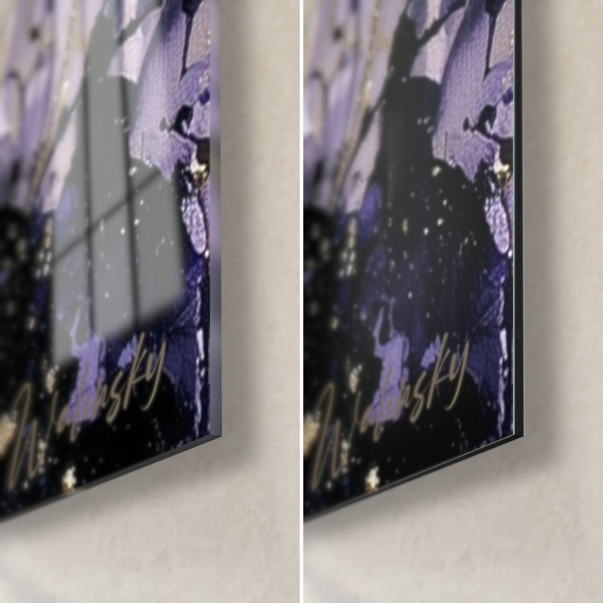 Tableau masque de carnaval lilas et or, coin bas droit en verre brillant et alu Dibond mat, tranche de 3 mm et signature dorée