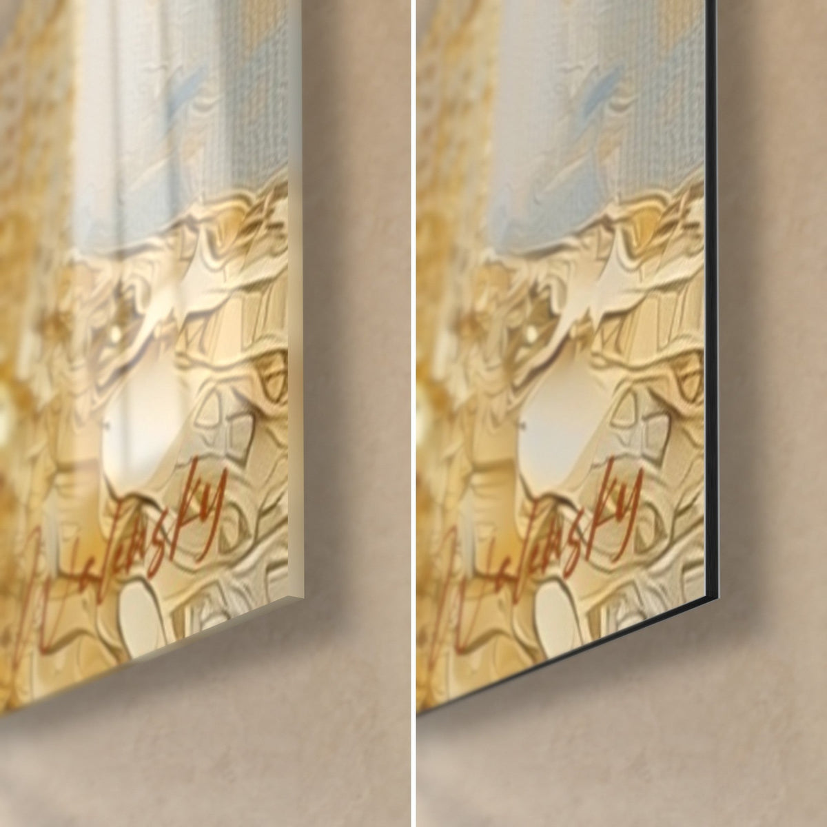 Tableau masque doré aux lèvres ambrées, coin bas droit : verre acrylique brillant à gauche, alu Dibond mat à droite, tranche de 3 mm