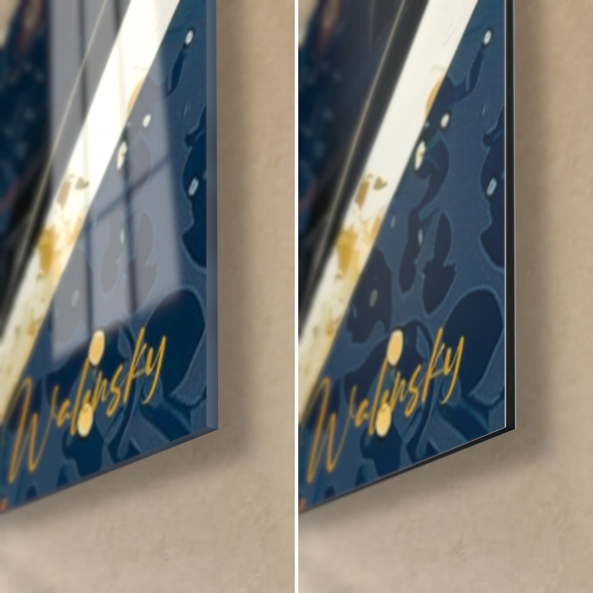 Tableau masque doré, coin bas droit : tranche de 3 mm, verre acrylique brillant à gauche, Dibond mat à droite, signature or