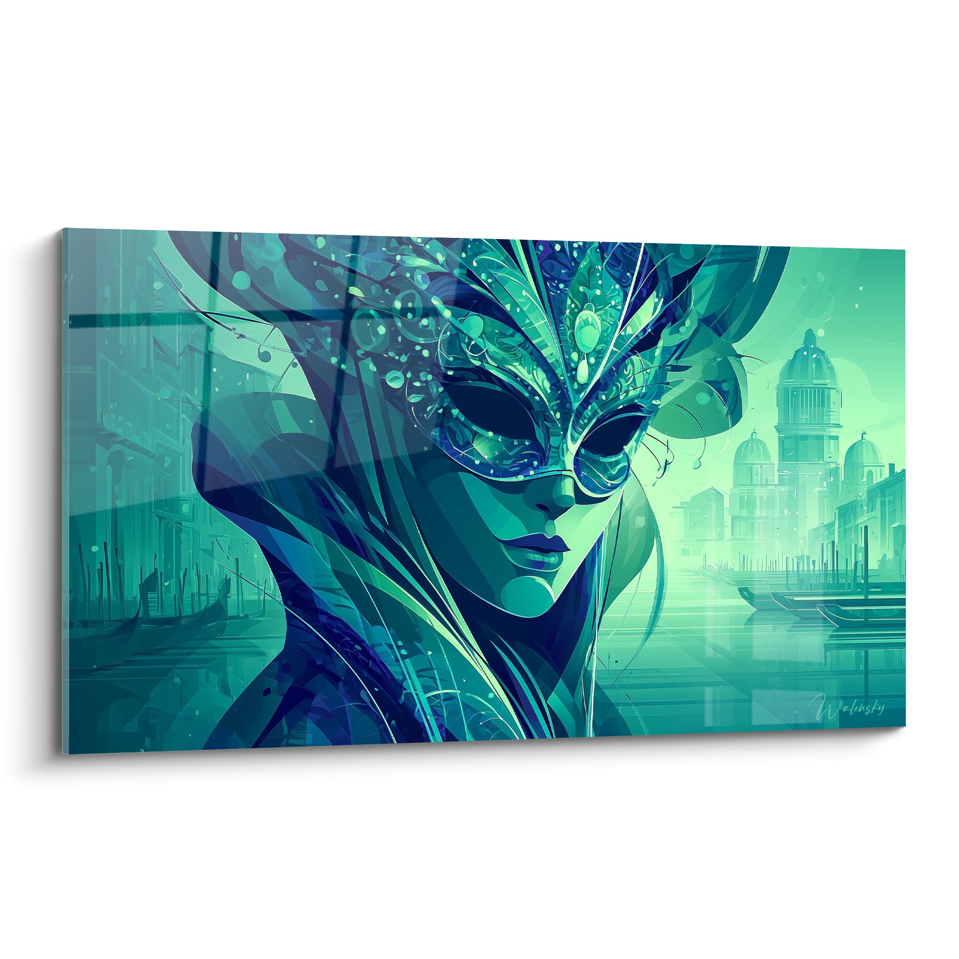 Masque de Venise turquoise et bleu marine orné, visage dissimulé devant une skyline vénitienne