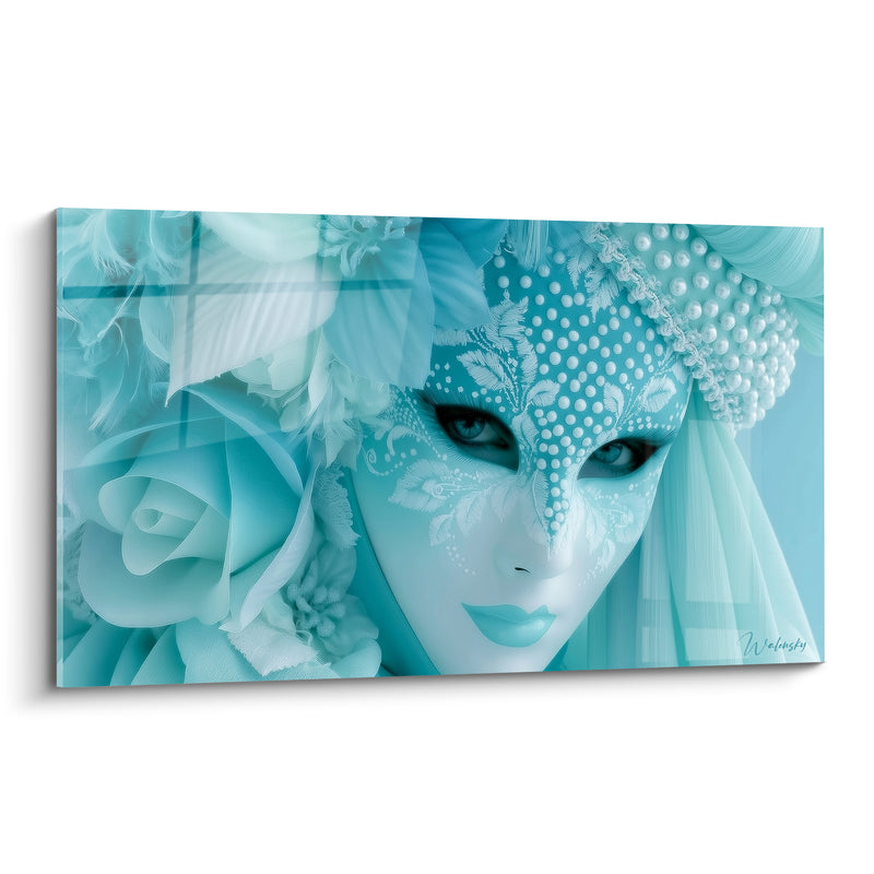 Tableau Masque turquoise et blanc aux perles frontales - Rose et voile fleuris - Edition Masque de venise