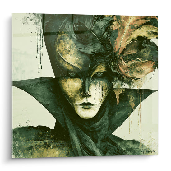 Masque de venise doré et vert anthracite orné de plumes terracotta, regard perçant
