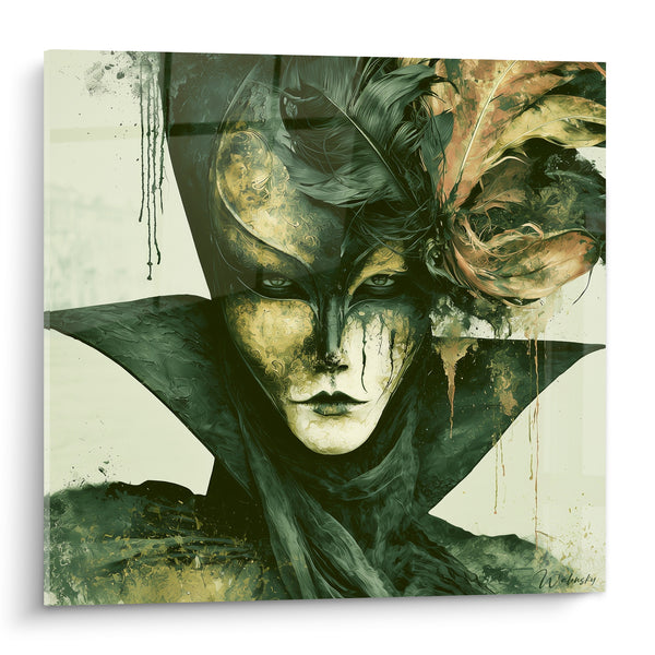 Dipinto Maschera verde e dorata a piume - Sguardo sotto il velo - Edizione Maschera di Venezia