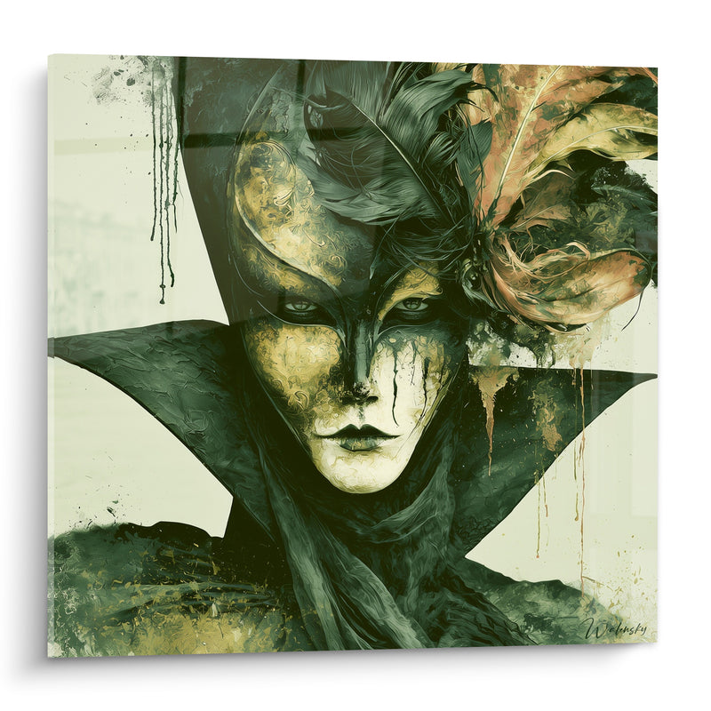 Tableau Masque vert et doré à plumes - Regard sous le voile - Edition Masque de venise