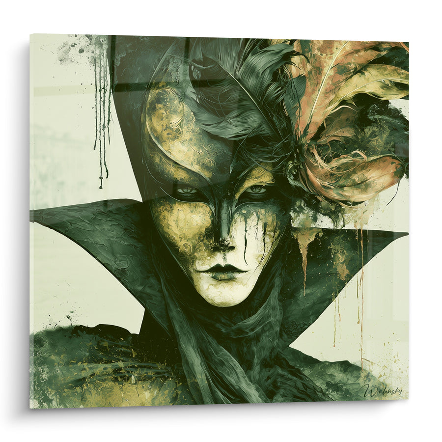Green and Gold Feathered Mask Painting - Glimpse Beneath the Veil - Venice Mask Edition