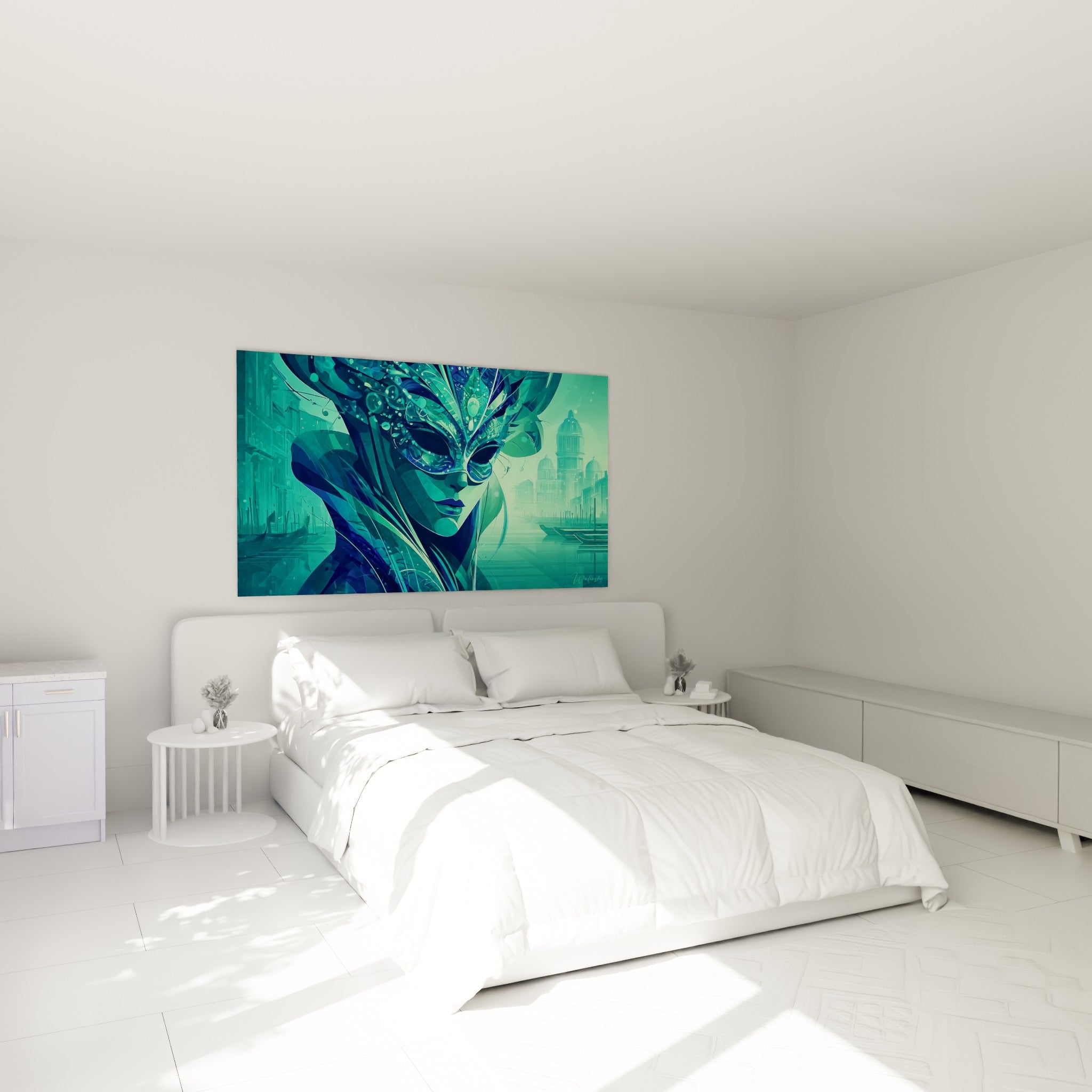 Silhouette masquée aux teintes vert émeraude et bleu marine, accrochée au-dessus d'un lit dans une chambre claire