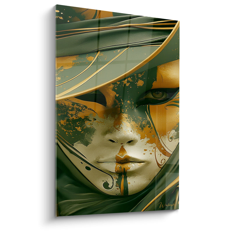 Tableau Visage vert et orangé aux éclaboussures dorées - Œil entrouvert doré - Edition Masque de venise