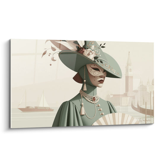 Masque de venise vert sauge orné de motifs dorés, silhouette et campanile beige en fond