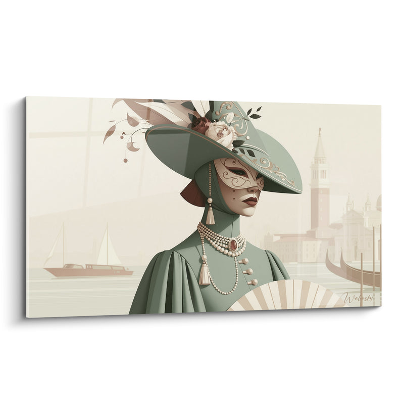 Tableau Masque vert sauge et ivoire à l'éventail ouvert - Collier de perles à pompon - Edition Masque de venise
