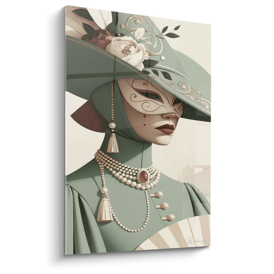 Masked Woman in Sage Green and Pearls Painting - Masked Elegance - Venice Mask Edition