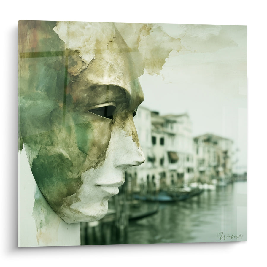 Venetian Mask White Painting with Green Tones - Lagoon Silence - Venetian Mask Edition