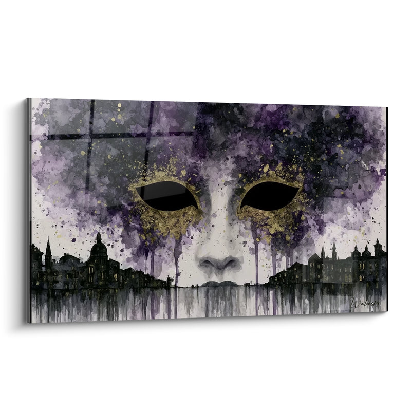 Tableau Masque vénitien violet et doré sur skyline - Veille nocturne - Edition Masque de venise