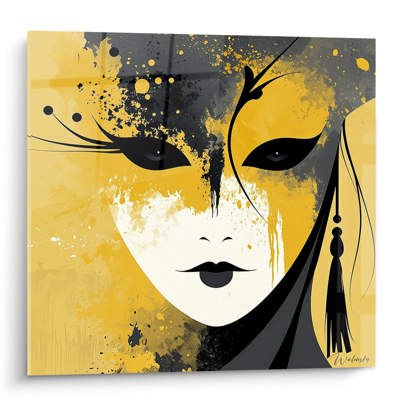 Tableau Visage jaune et noir aux éclaboussures d'encre - Gland à pompons - Edition Masque de venise