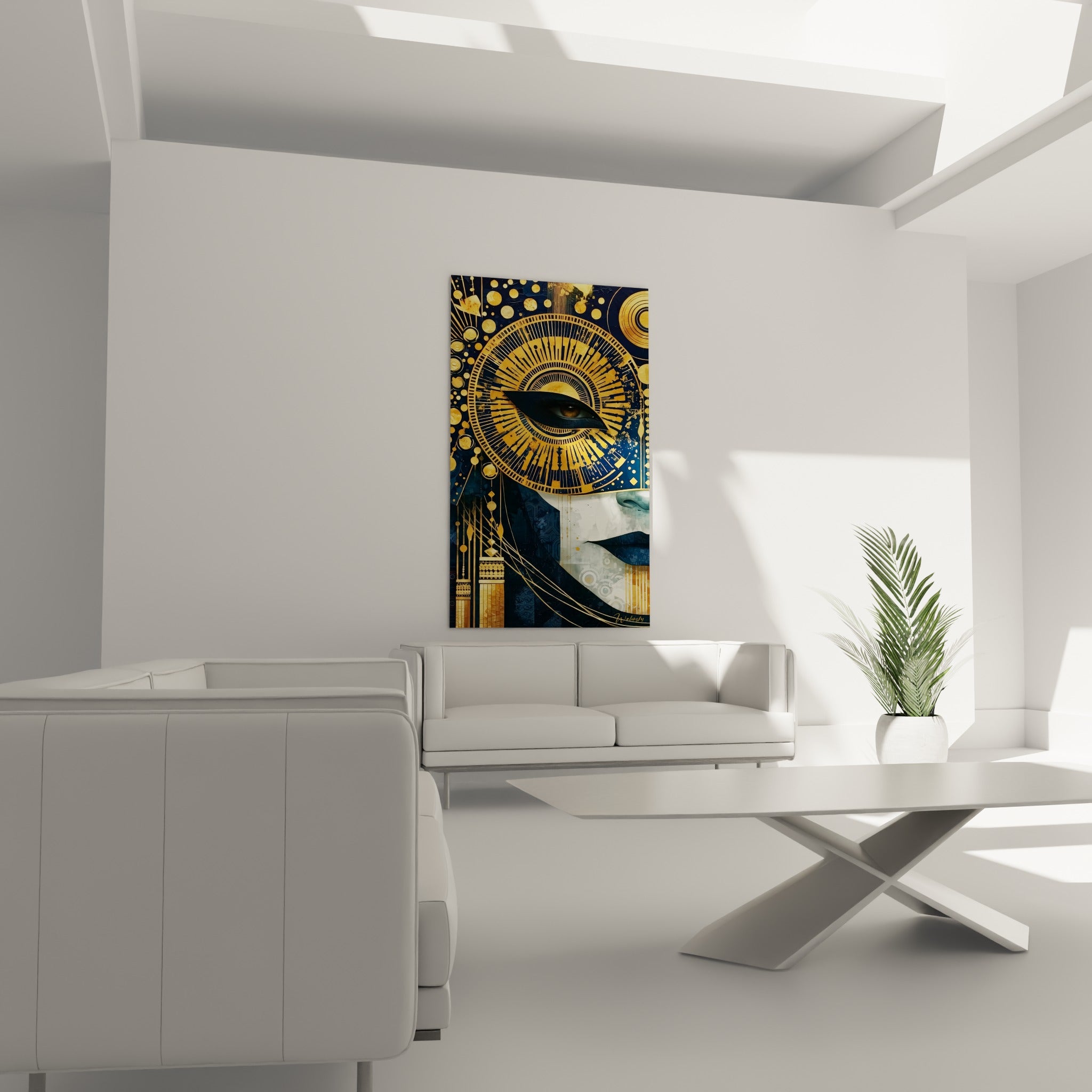 Visage mi-doré mi-blanc du masque de venise, au-dessus d'un canapé dans un salon lumineux