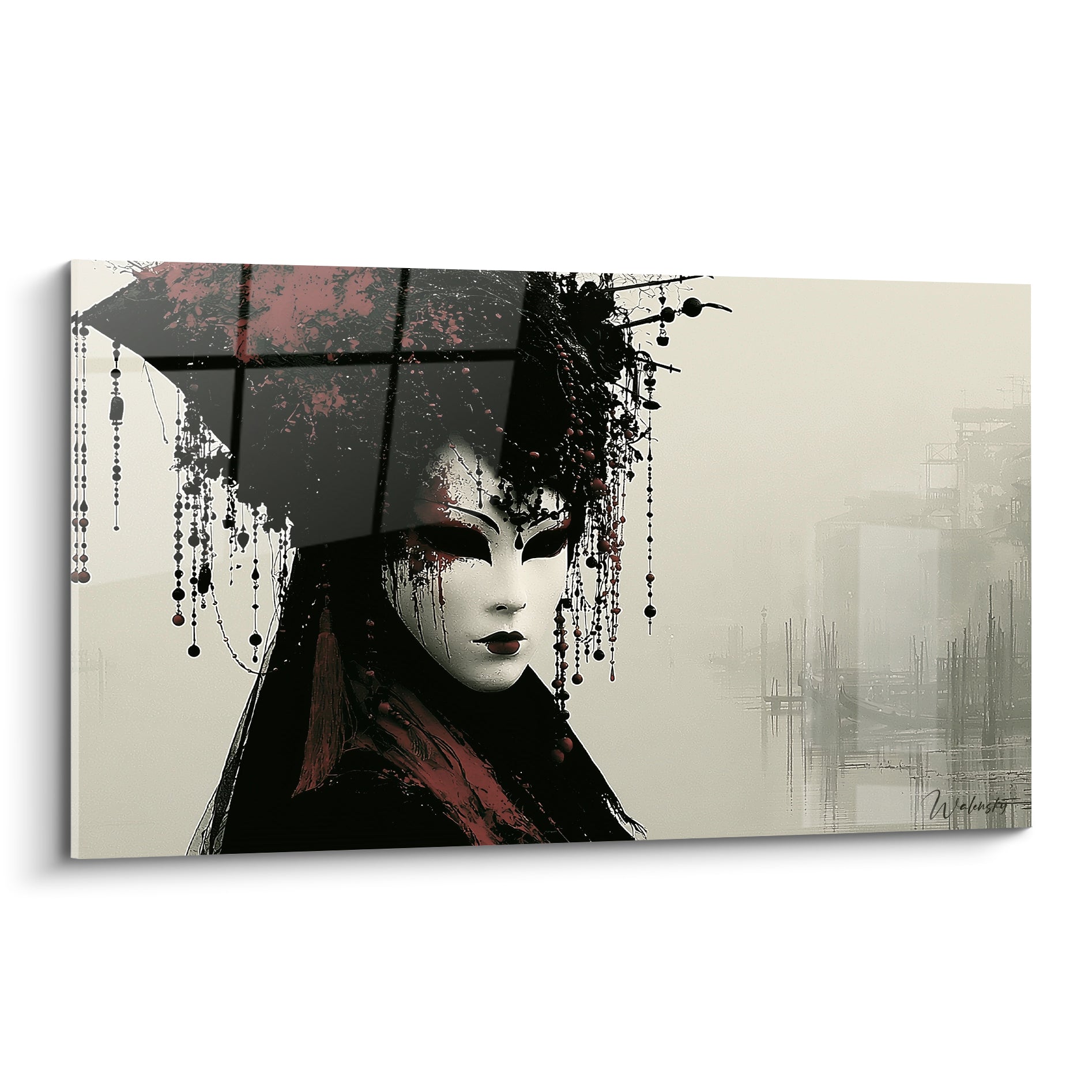 Masque de Venise blanc et noir orné de perles rouges sur fond brumeux ivoire