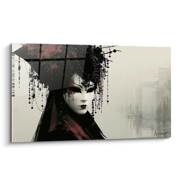 Ivory and Black Mask with Suspended Pearls Painting - Blurred Pontoon on Lagoon - Venice Mask Edition