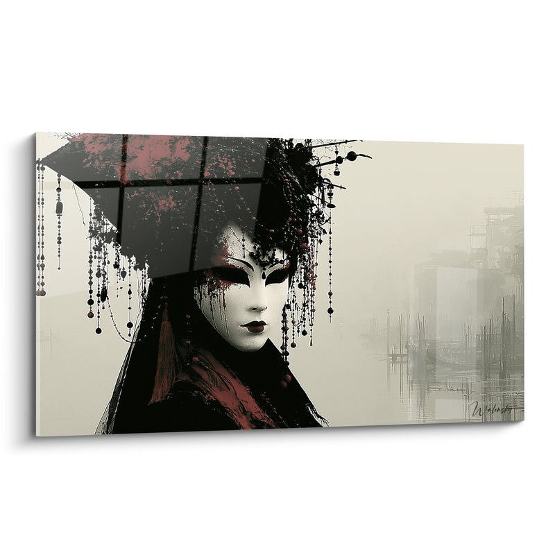 Tableau Masque ivoire et noir aux perles suspendues - Ponton flou sur lagune - Edition Masque de venise