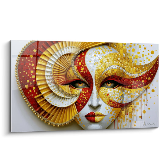 Masque de venise doré et rouge, visage mosaïque à l'éventail plissé, regard ambré perçant