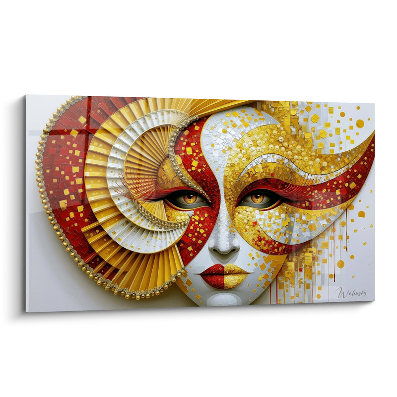 Tableau Visage doré aux motifs mosaïques rouges - Éveil du carnaval - Edition Masque de venise