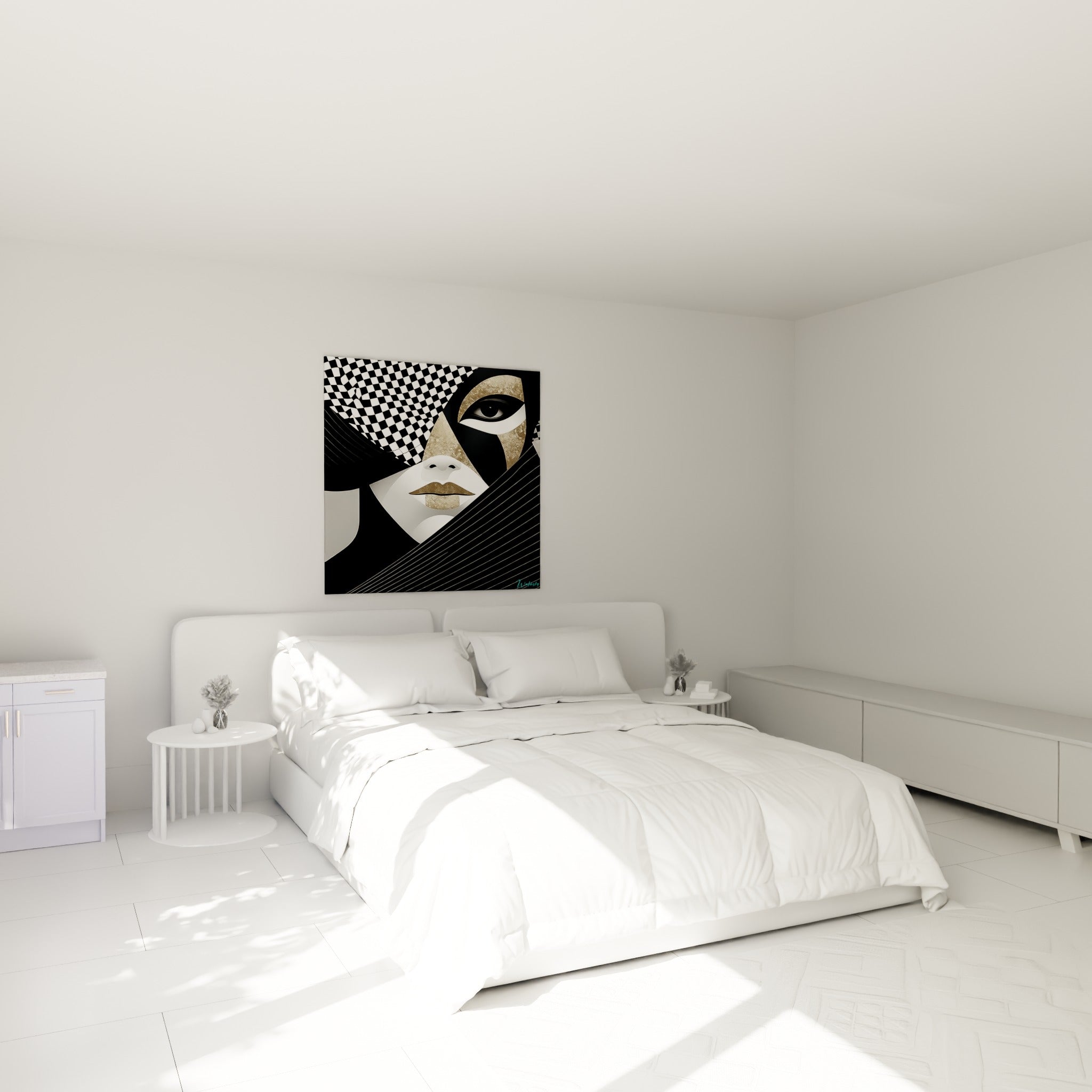 Visage stylisé du masque de Venise doré et noir accroché au-dessus d'un lit dans une chambre claire