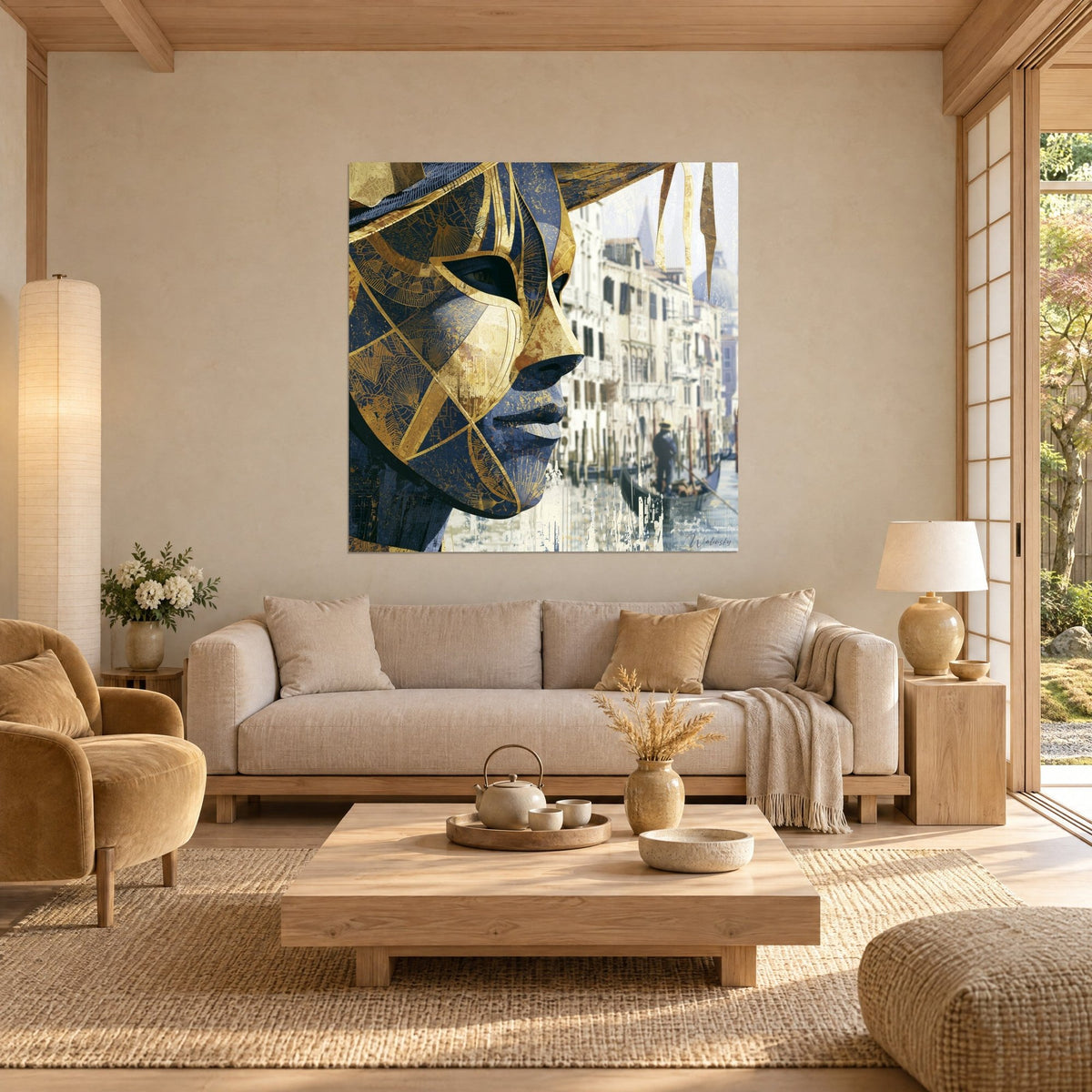 Quadro di maschera veneziana a mosaico blu notte e oro, gondoliere sfocato sul canale, sopra un divano in un soggiorno luminoso