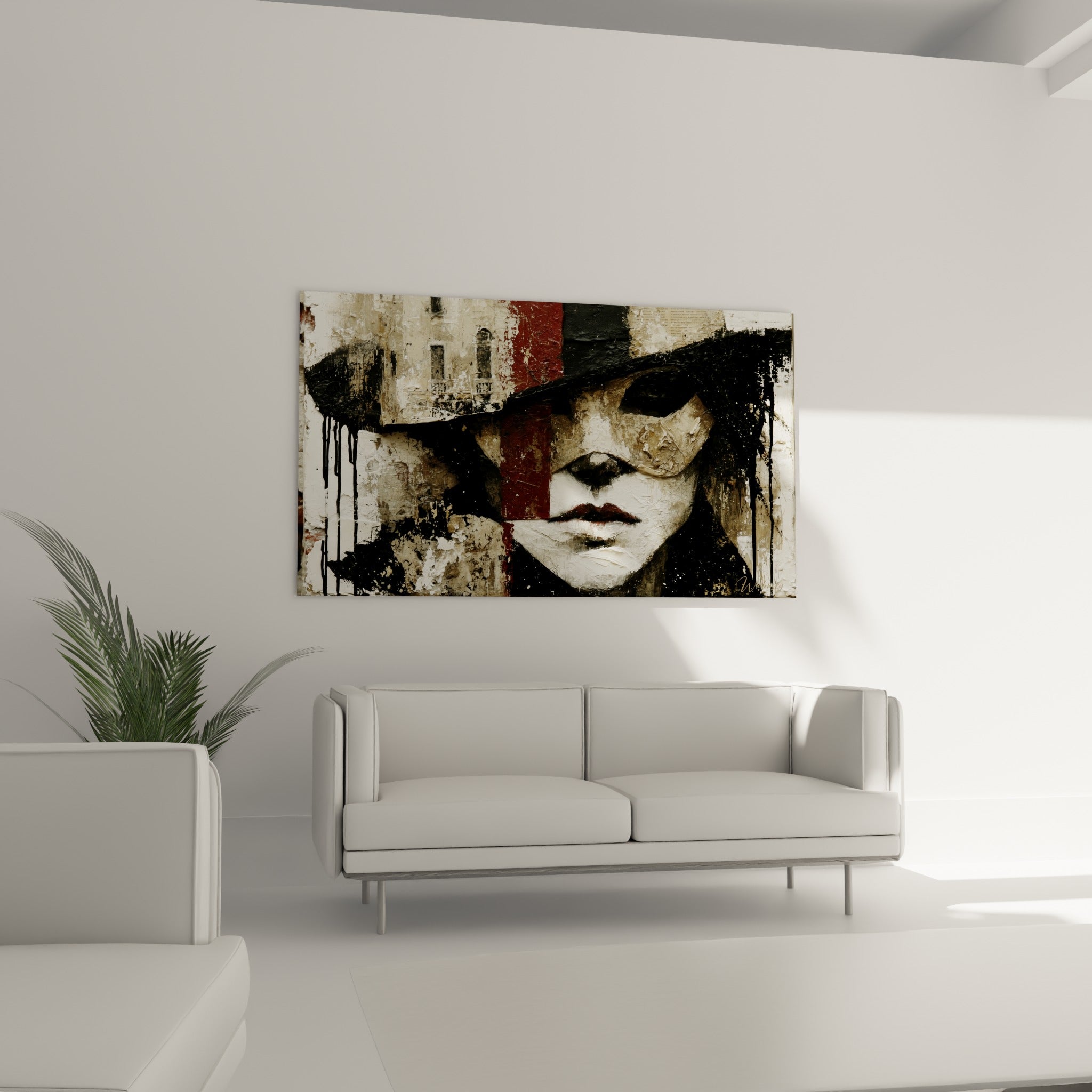 Portrait mystérieux du masque de venise en noir profond et rouge sombre, au-dessus d'un canapé dans un salon lumineux