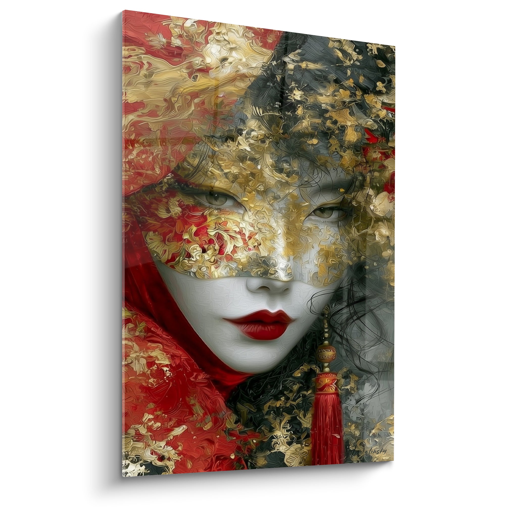 Masque de venise doré et rouge, visage peint aux lèvres carmin et regard mystérieux