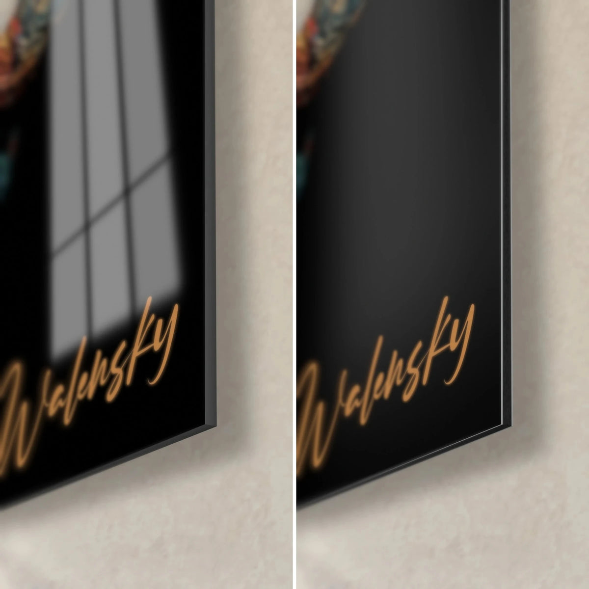 Wall art carved tribal face, lower right corner on black background, gold signature, glossy acrylic glass and matte Dibond, 3 mm edge
