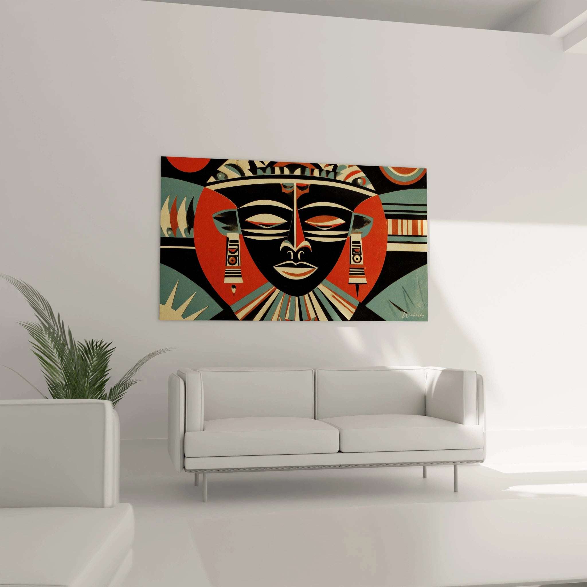 Walensky tableau art tribal contemporain masque stylisé rouge noir vert au dessus d un canapé blanc