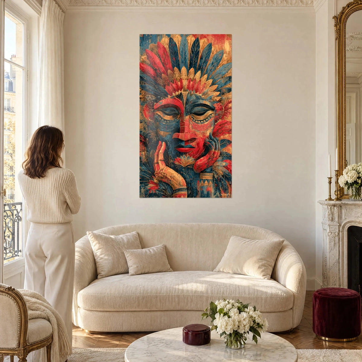 Wall art tribal mask in red and blue crowned with gold feathers, open hands, above a sofa in a bright living room