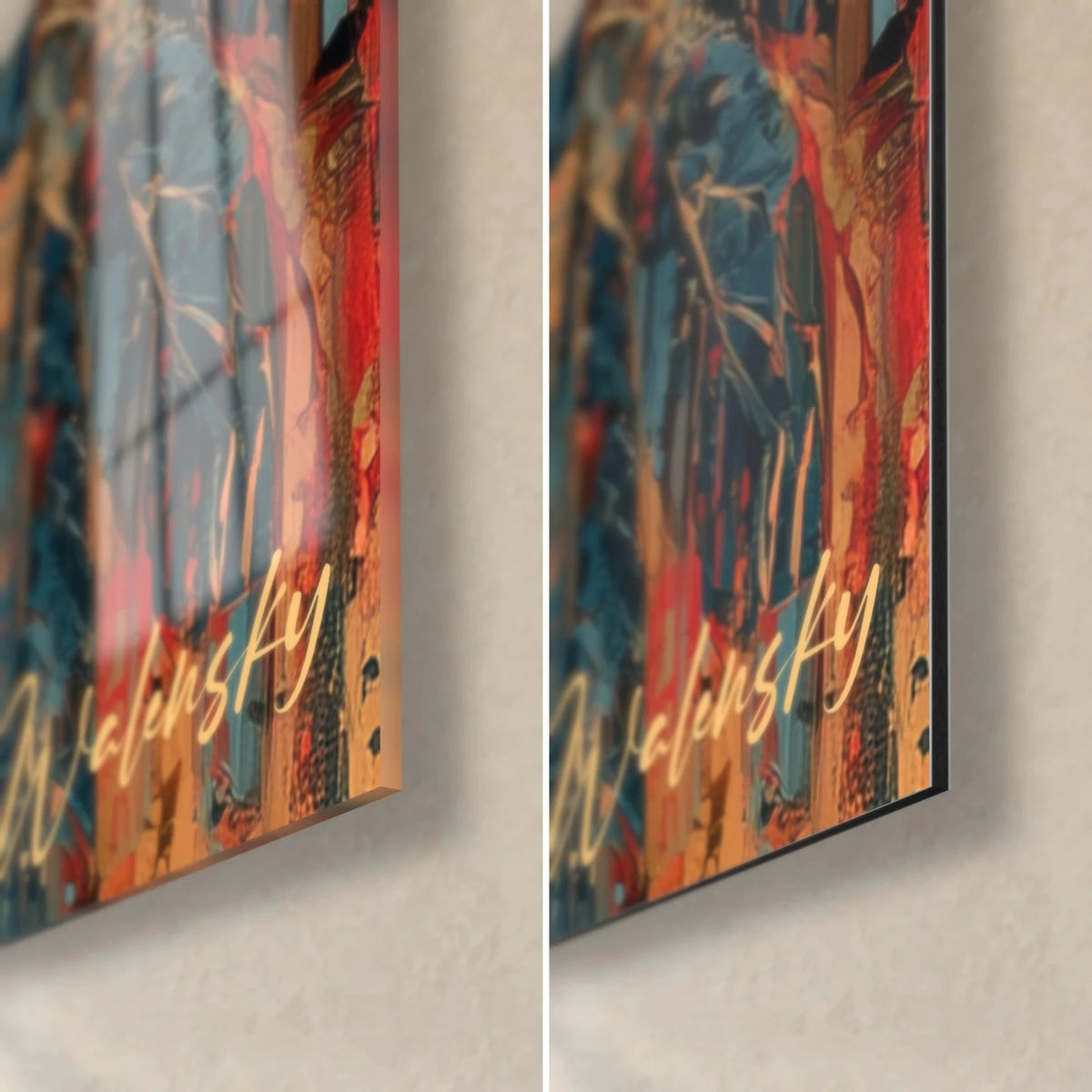 Wall art tribal effigy in vermilion red and steel blue, bottom right corner in glossy glass and matte Dibond, 3 mm edge