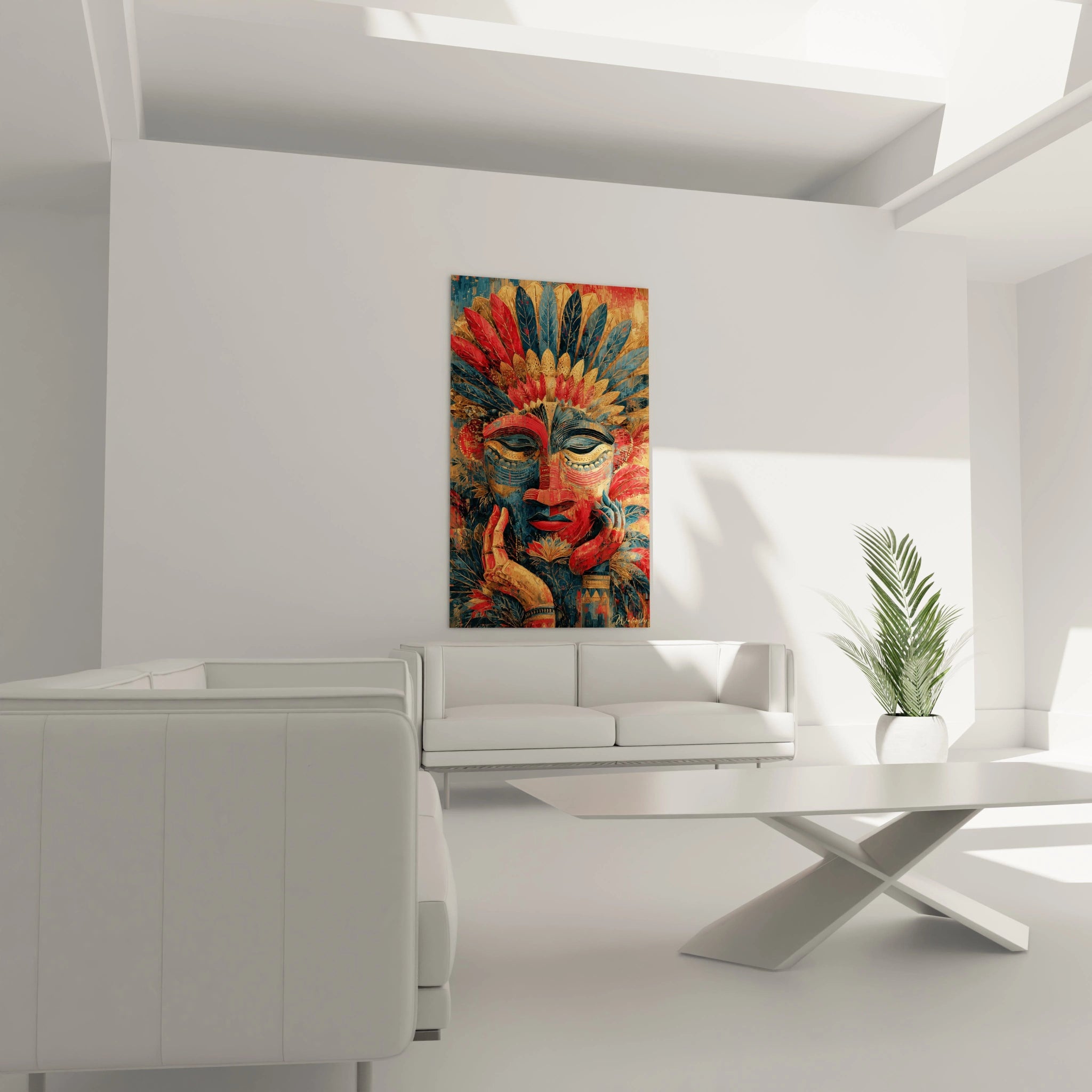 Walensky tableau art tribal forêt sacrée peinture murale colorée masque tribal accroché au mur d un salon blanc moderne