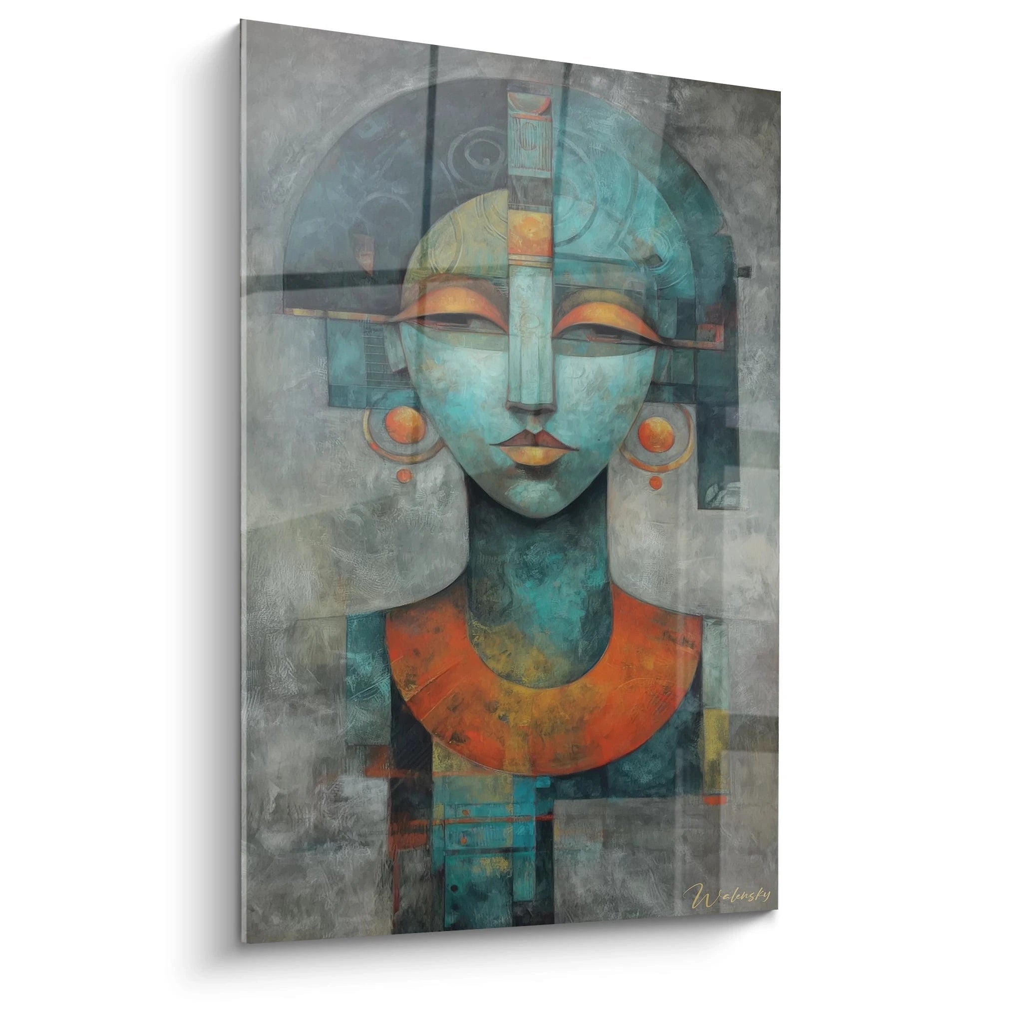 Tableau mural Walensky montrant un visage de masque abstrait turquoise et orange design moderne tableau masque art tribal
