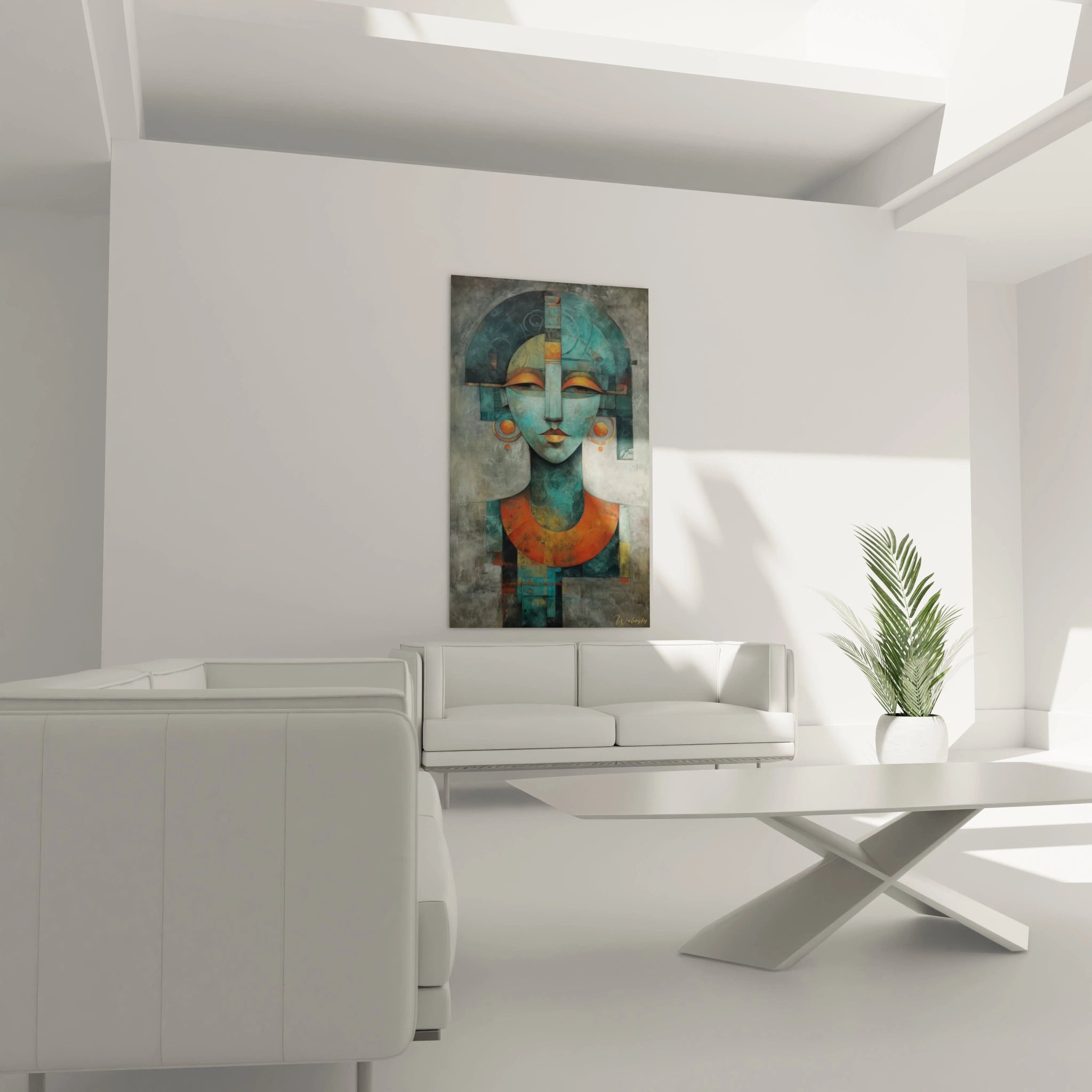 Tableau mural Walensky représentant un portrait turquoise et orange tableau masque art tribal moderne pour salon minimaliste