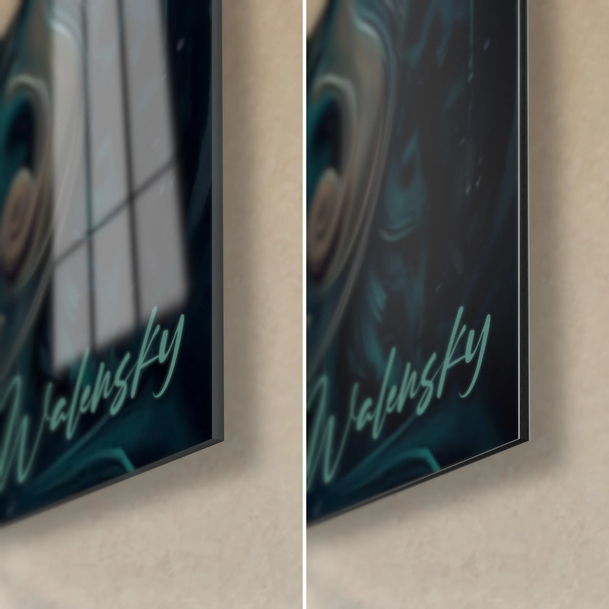 Gemälde verzierte Stammesgottheit, untere rechte Ecke: glänzendes Acrylglas links, mattes Dibond-Aluminium rechts, schwarze 3-mm-Kante